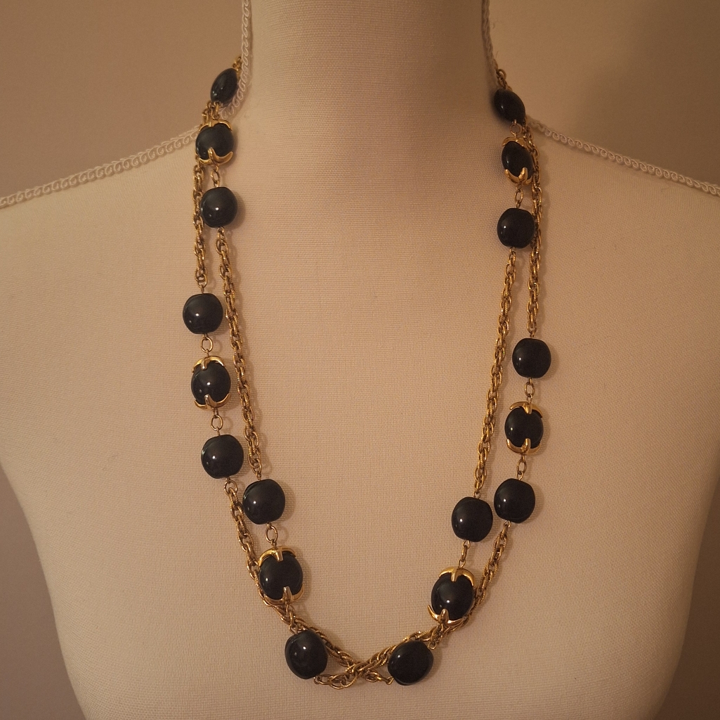 Crown Trifari Waterfall Necklace Set Piece 54 Black Lucite Gold Tone Chain Vtg 75$